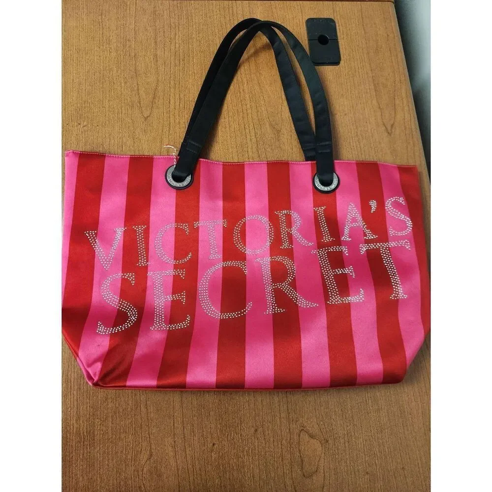 Victoria Secret Rhinestones Pink Red Vertical Stripe Large Tote Bag Weekender